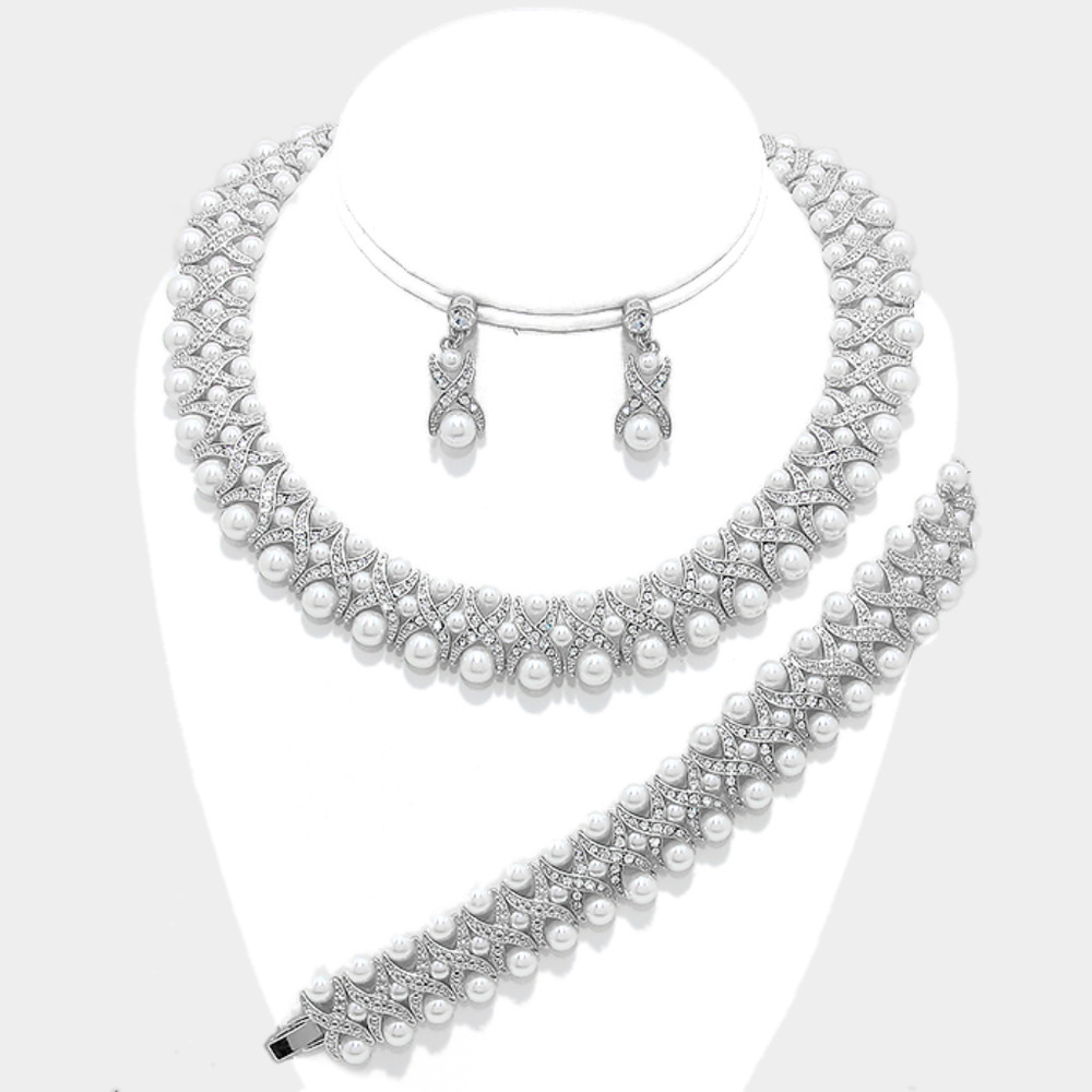 3Row Pearl Crystal Rhinestone Necklace Jewelry Set